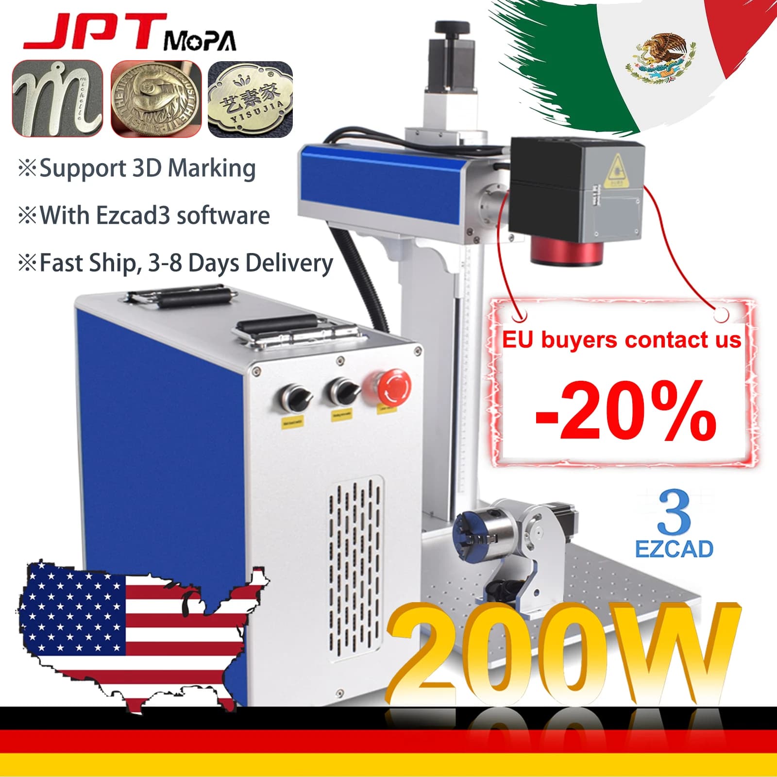 3D 200W JPT Laser Marking Machine Deep Engraving JPT MOPA 2.5D Fiber Laser Ezcad3 3D Embossed Marking Cutting Jewelry Engraving