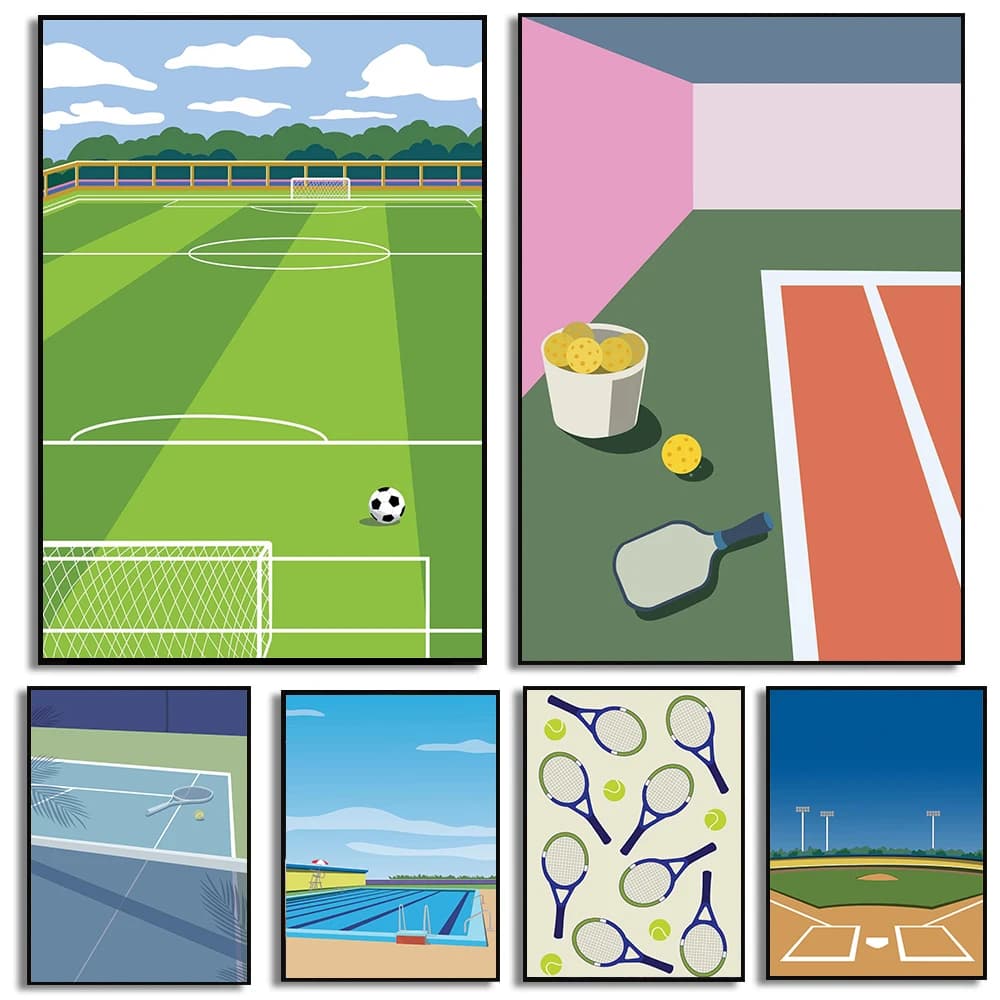 (No frame)Minimalist Sports Field Poster Soccer Tennis Basketball Prints Canvas Painting Wall Art Pictures Home Room Modern S