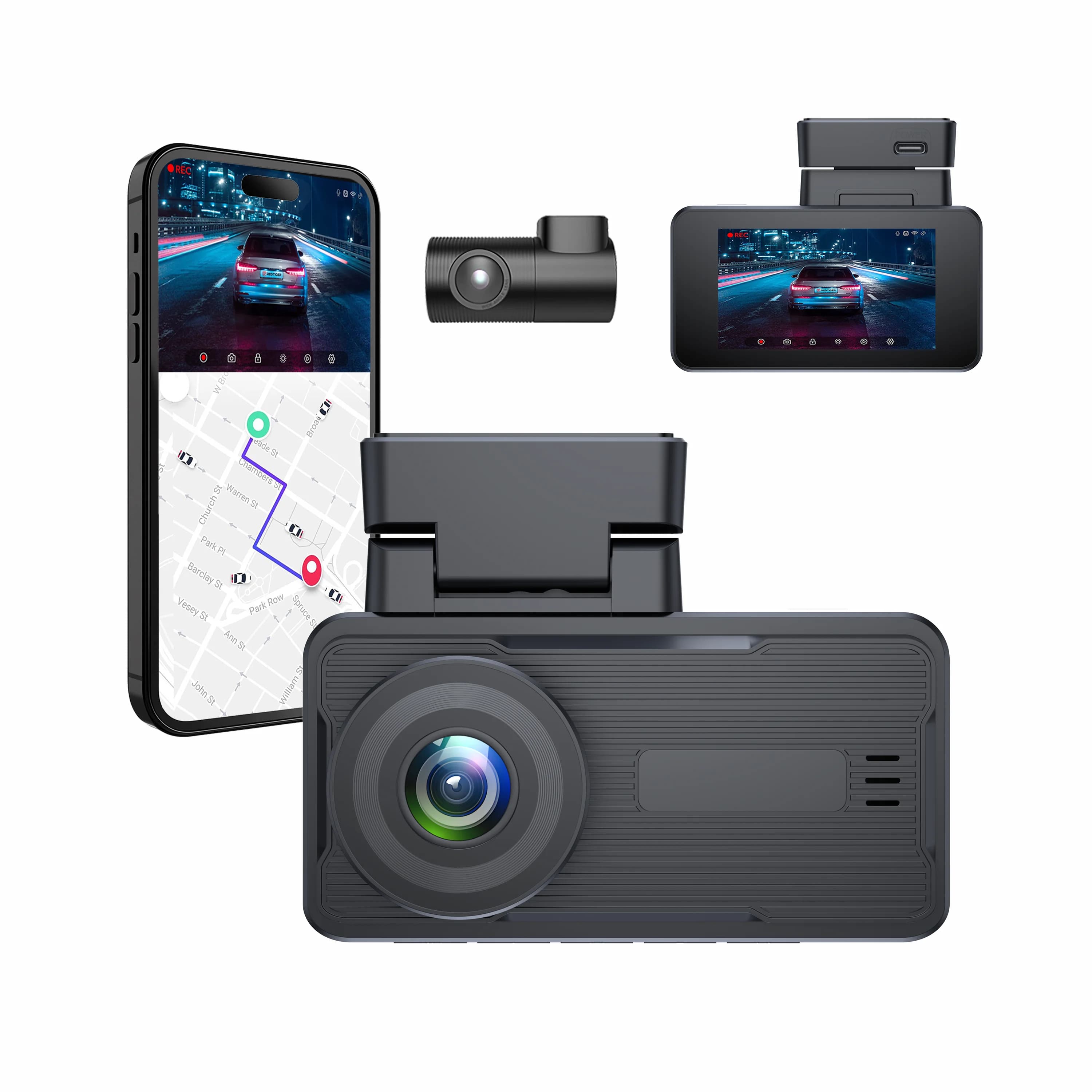 Dashcam AHD a Doppia Lente con Schermo IPS LCD da 3 Pollici, Risoluzione Reale 2K+2K, Funzione di Tracciamento e Telecamera Nascosta per Avvio in Clima Freddo