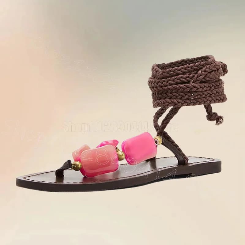 Sandali infradito con cinturino lavorato a maglia in pietra rosa Sandali con lacci Scarpe da donna Low Top Romanzo Festa Festa Incontri 2025 Zapatos Para Mujere