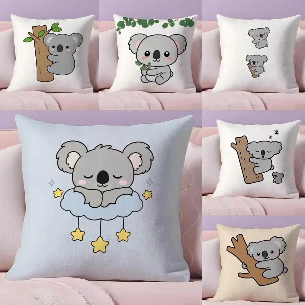 Cartoon Cute Koala Cushion Cover Plush Fabric Double-Sided Printed Invisible Zipper Sofa Pillow Case Home Bedroom Decor