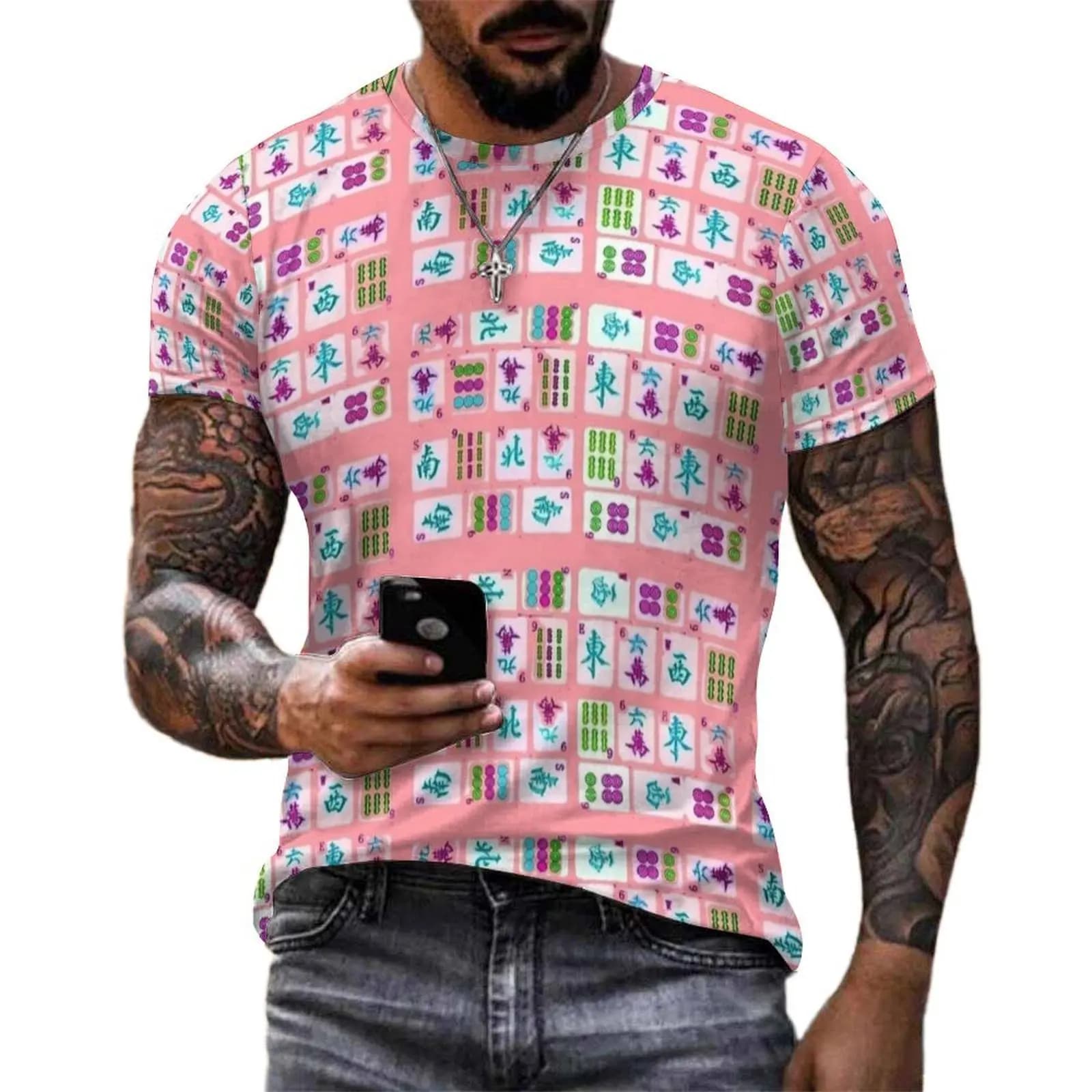 Pastel Pink Mahjong Tile Print T-Shirt Male Casual T-Shirts Summer Trending Tees Short Sleeve Graphic Big Size Clothes