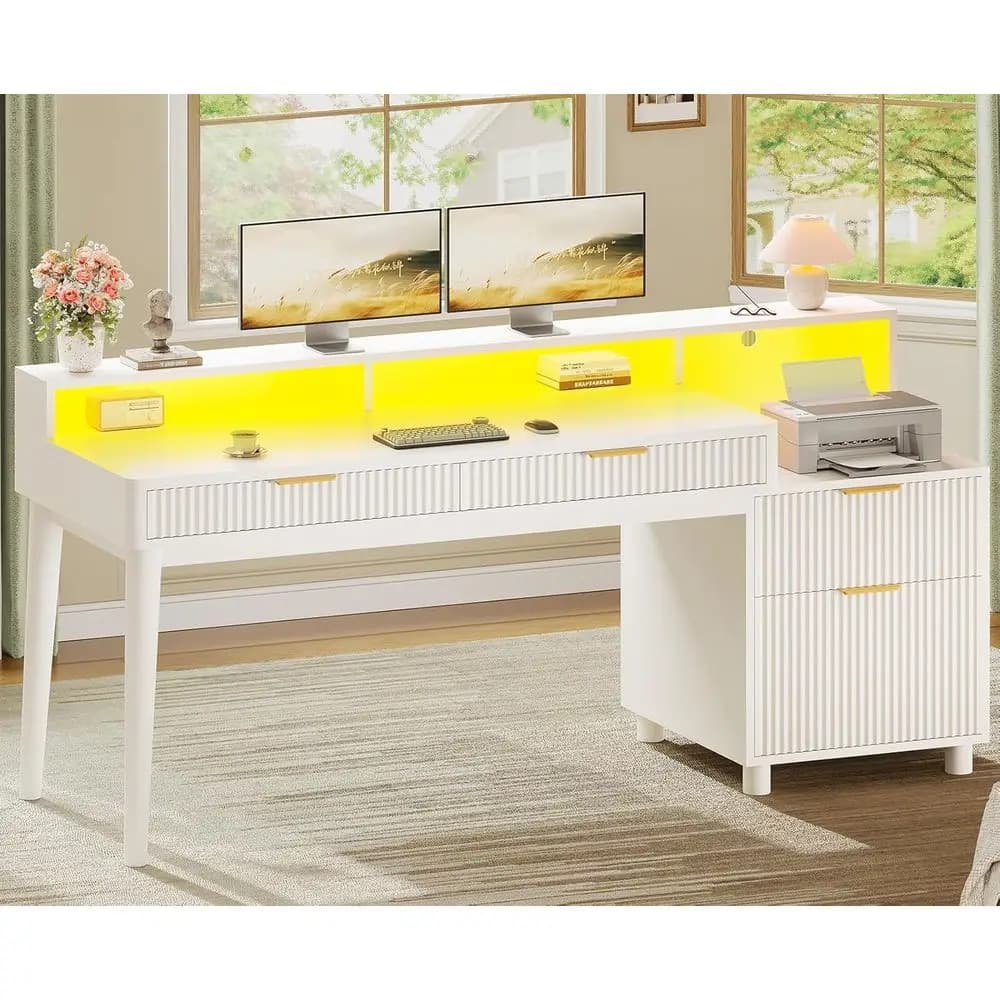 Scrivania da Gaming in Legno con 48 LED Bianchi, 4 Cassetti e Multipresa, Ideale per Studio o Ufficio Domestico