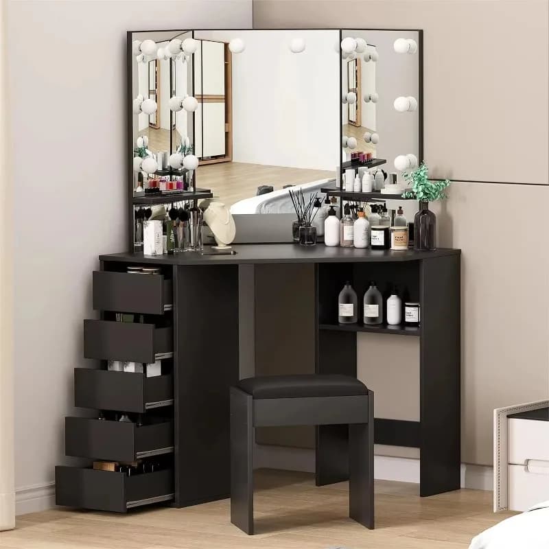 Solid Wood Panel Dresser With LED Light Mirror And Power Outlet Small Bedroom Makeup Desk Set With Storage Drawers