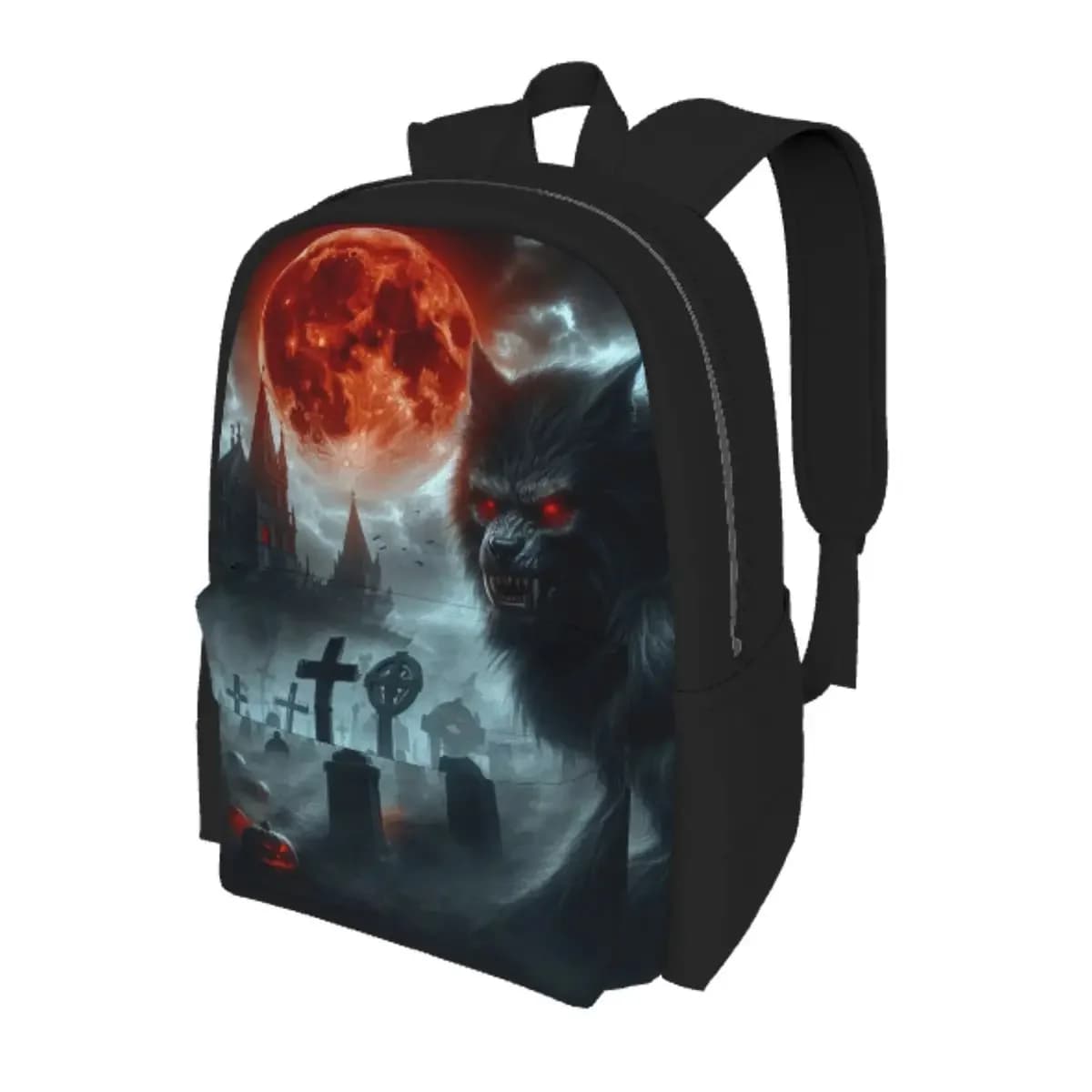 Werewolf With Red Eyes And Red Moon Halloween Pumpkin Student Backpack School Bag Hiking Travel Daypack Bookbag Shoulder Bags