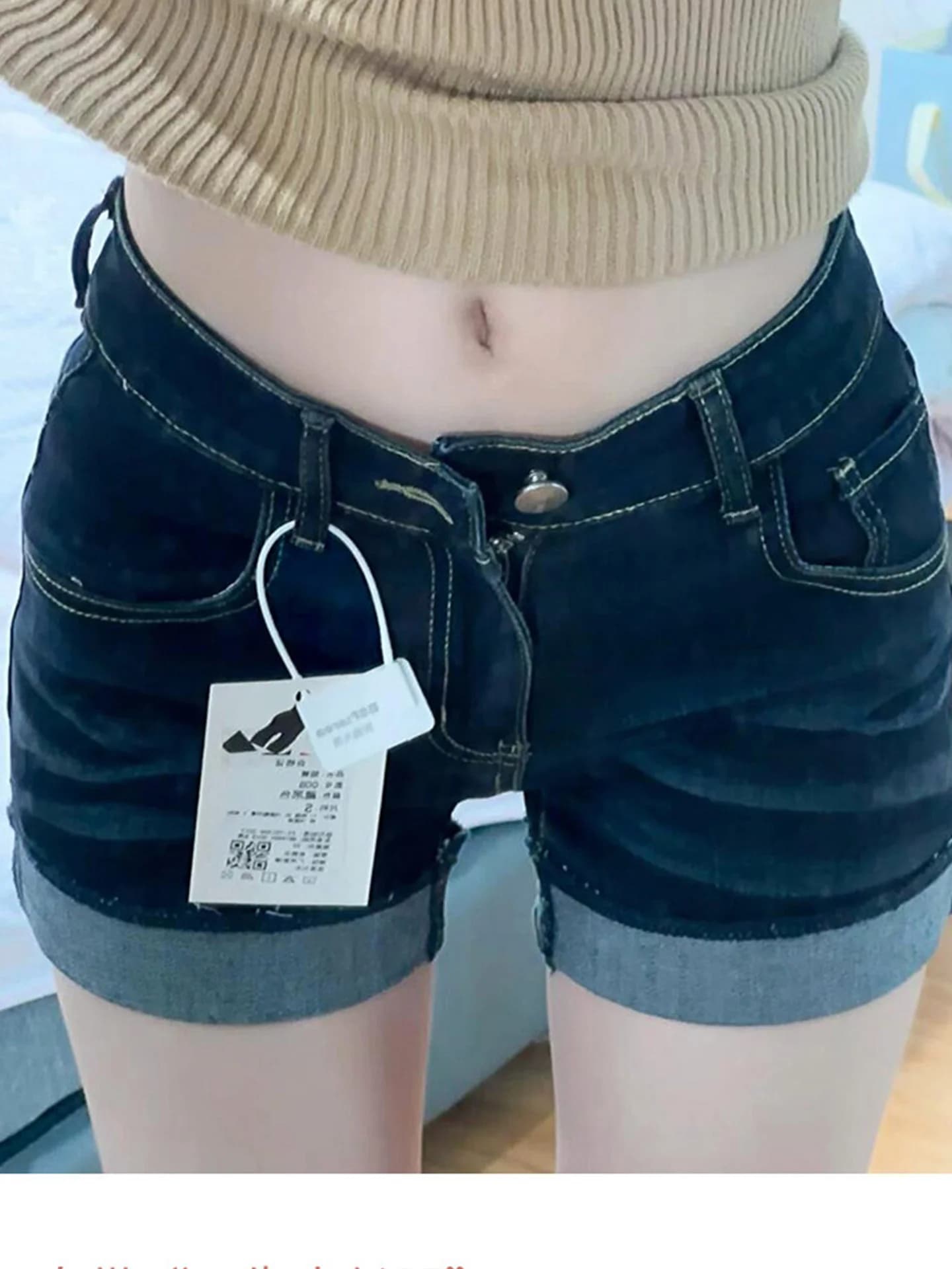 Sexy Cuffed Denim Shorts Women's plus Size Summer New Hot Pants High Waist Tight Fit Pure Color Mid-Length Zipper Closure