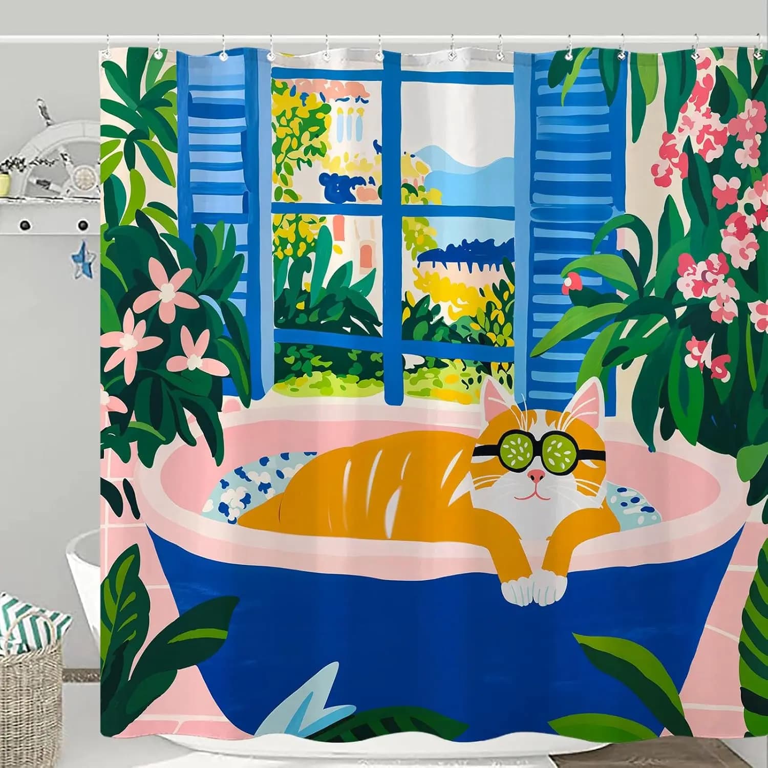 Set Tenda Doccia Artistica con Gatti e Scena Floreale, Impermeabile, per Bagno, Stampa Vivace, Decorazione Casa