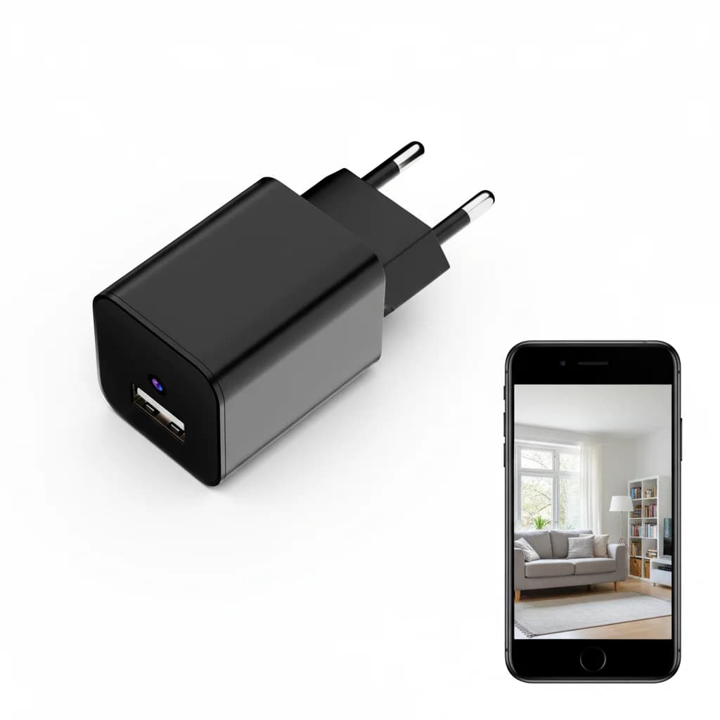 Mini Telecamera di Sicurezza 1080P HD, Rilevamento Movimento, Visualizzazione Remota, Registrazione, Caricatore USB per Telefono per Uso Interno Casa/Ufficio/Hotel