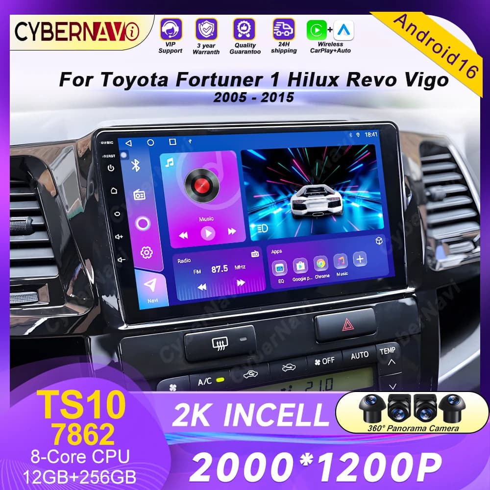 Android 16 Carplay Auto Per Toyota Fortuner Hilux MT 2007 2008 2012 2014 2015 Multimedia Autoradio Lettore DSP video WIFI + 4G QLED