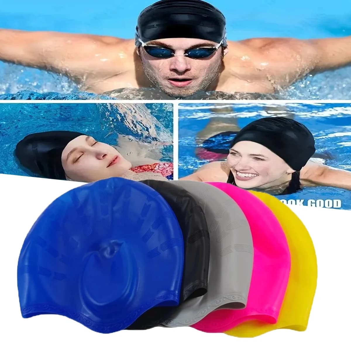 1PC Cuffia da nuoto elastica alta per adulti Cappello da sub in silicone grande Uomo Donna Cuffia da piscina impermeabile Proteggi le orecchie Capelli lunghi