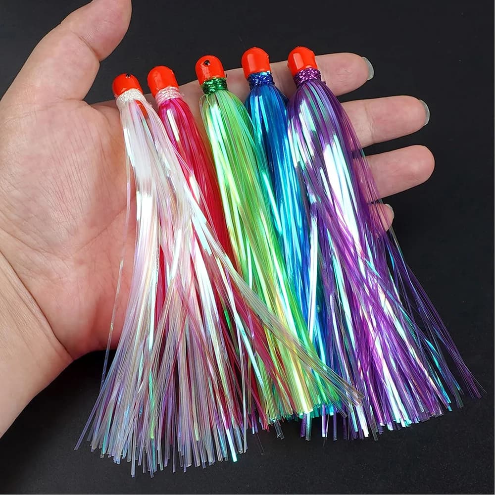 2 Pz Mylar Flash Teaser Coda Bucktail Teasers esca Maschere da pesca ponderate gonne Acqua salata Hi/lo Jig bait rig Surf richiamo di pesca