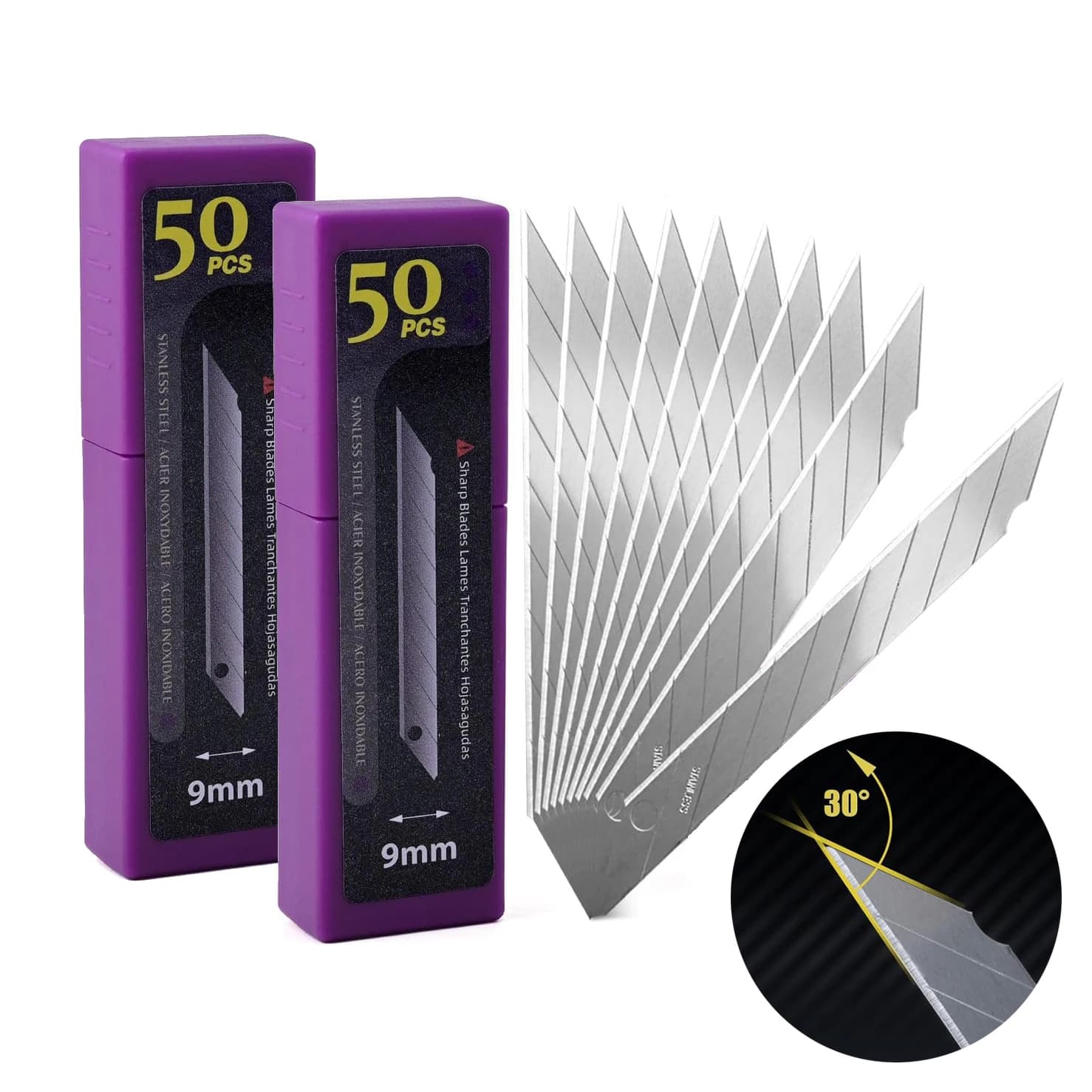 FOSHIO Lama di ricambio in acciaio inossidabile per coltello da arte artigianale da 9 mm Utensile da taglio per vinile Lame a scatto di ricambio da 30/60 gradi