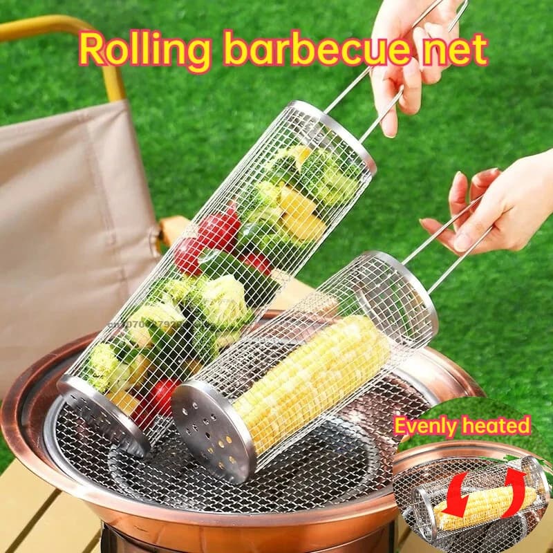Round BBQ Grill for Barbecue Accessories Charcoal Barbecue Grill Basket Set Stainless Steel BBQ Cage Outdoor Camping Essential