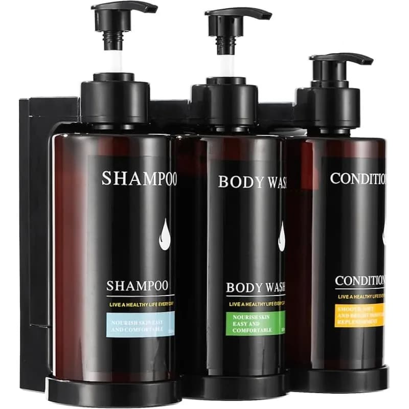 Set dispenser di sapone senza trapano, dispenser di sapone liquido per gel doccia, shampoo a 3 camere, montato a parete, per bagno, hotel, uso commerciale ​