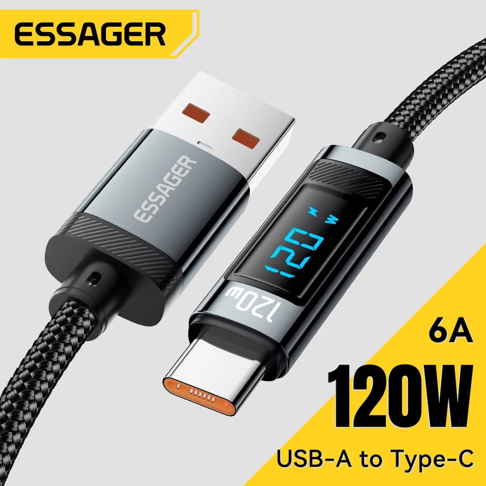 Essager 120W USB A a Tipo C Cavo PD Super Flash Ricarica 6A Per iPhone 16 pro Xiaomi 14Pro POCO X6 con Display Digitale A LED