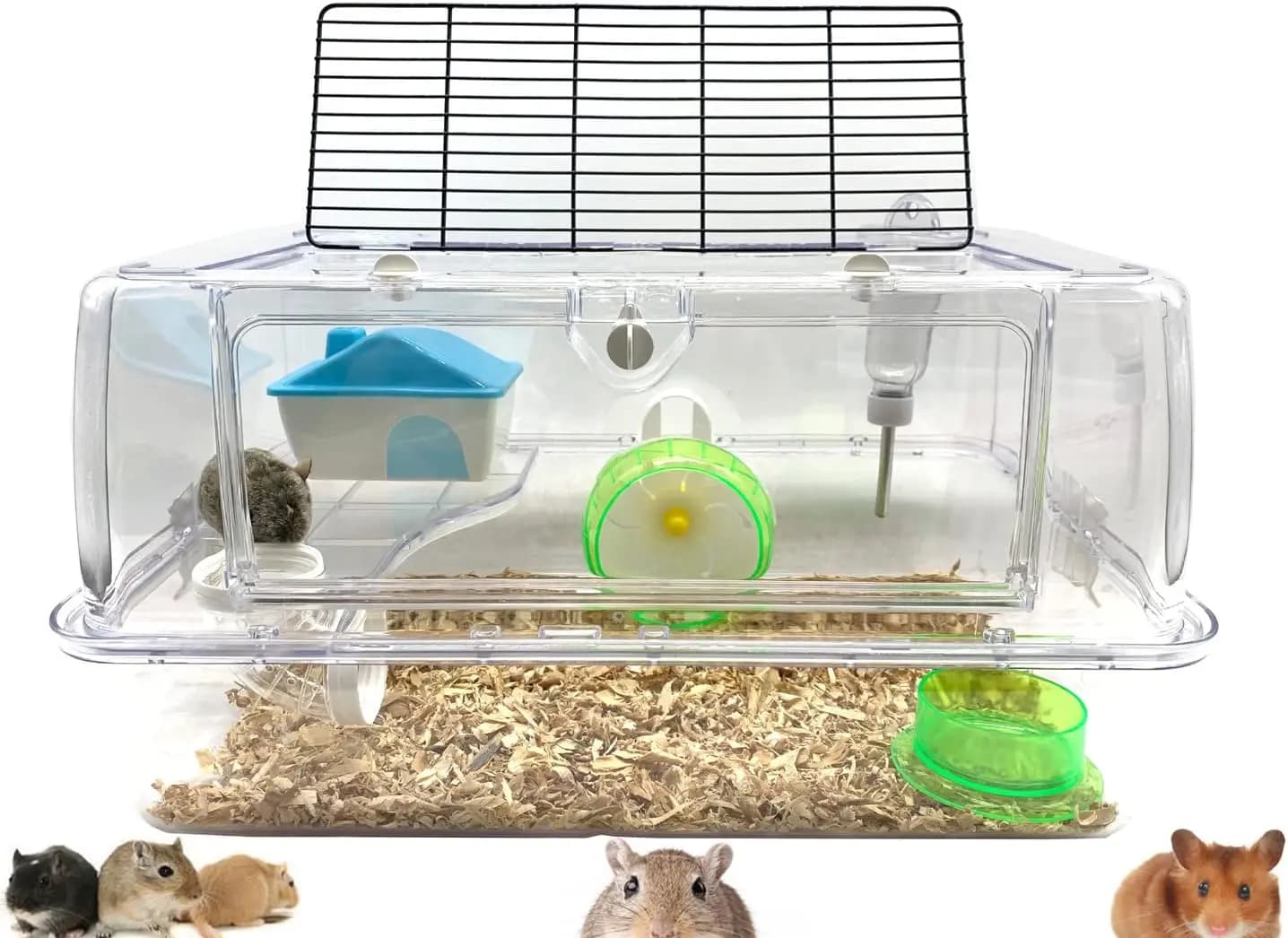 Habitat per Criceti a 2 Livelli in Acrilico con Ruota, Bottiglia d'Acqua e Ciotola per Cibo, Espandibile