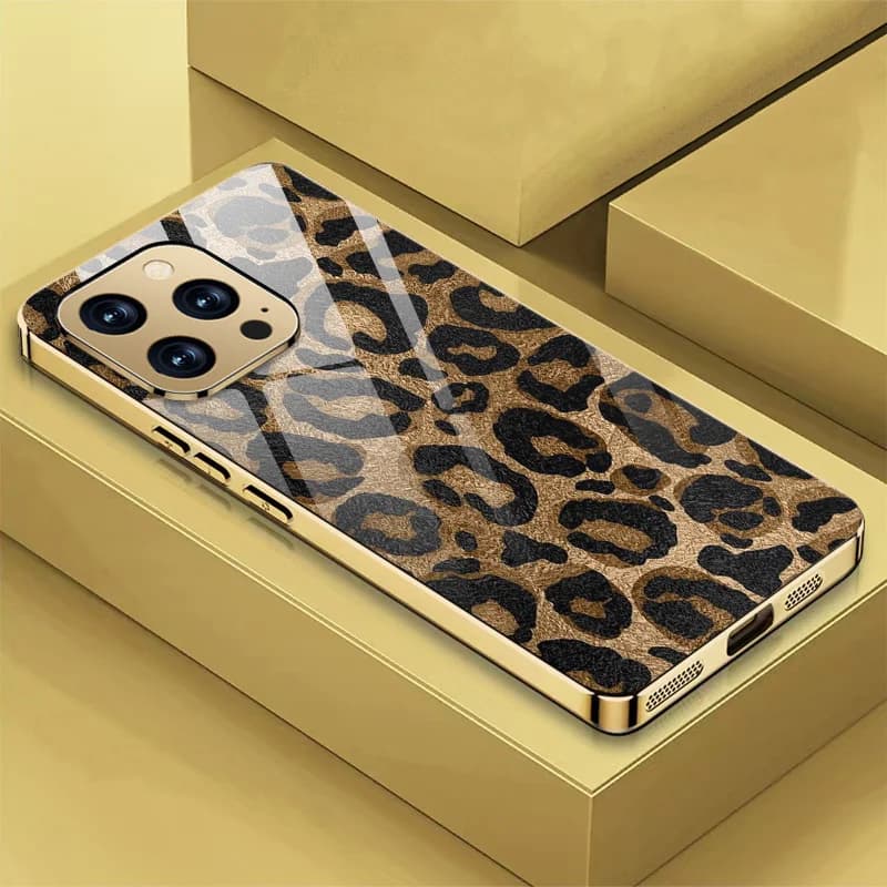 New Bright Electroplated Tempered Glass Back Leopard Print Pattern Phone Case for iPhone 17, 16, 15, 14, 13, 12, 11, etc