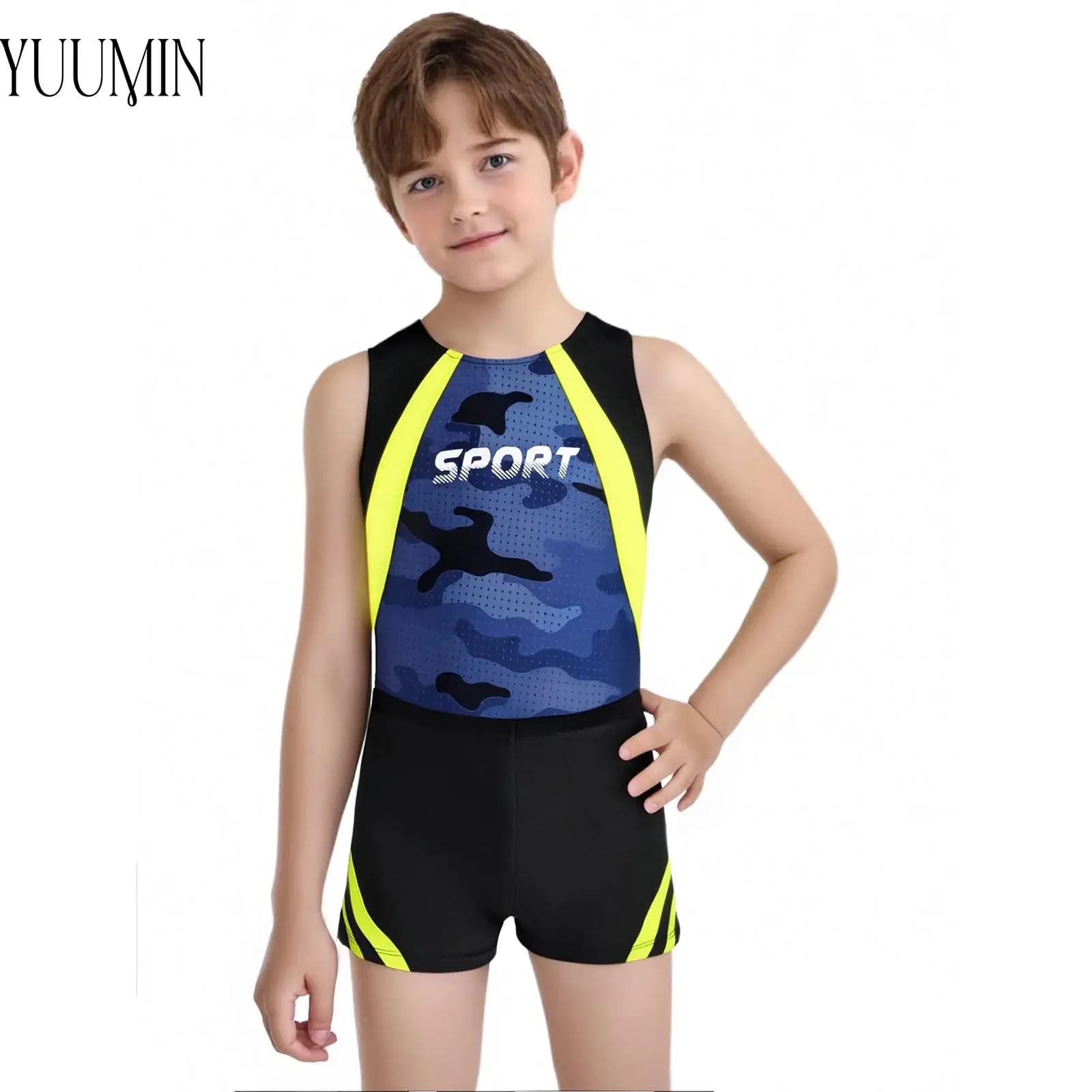 Set sportivo per bambini per ragazzi Completo da allenamento per ginnastica Body senza maniche con stampa a righe con pantaloncini a blocchi di colore Set costume da bagno