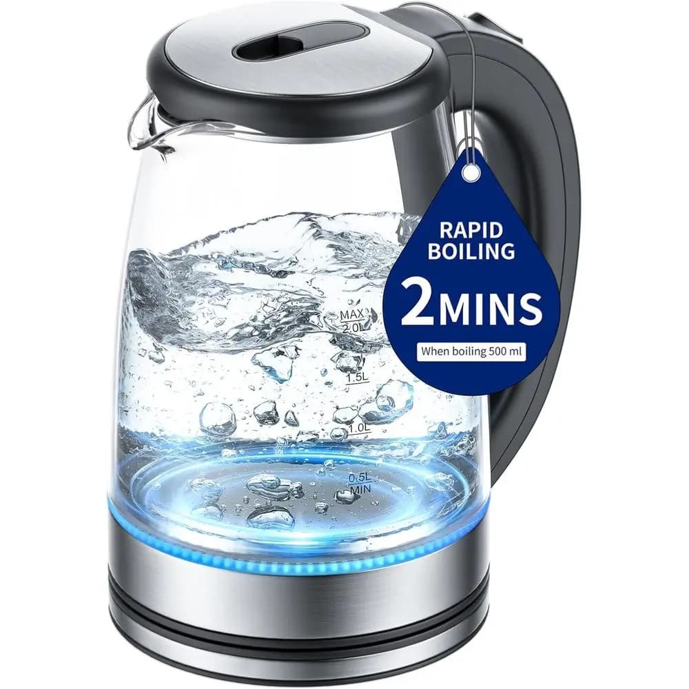Bollitore elettrico in vetro da 2 litri, 1500 W, spegnimento automatico, luce LED, senza BPA, vetro borosilicato, interno in acciaio inossidabile, bocca larga, display