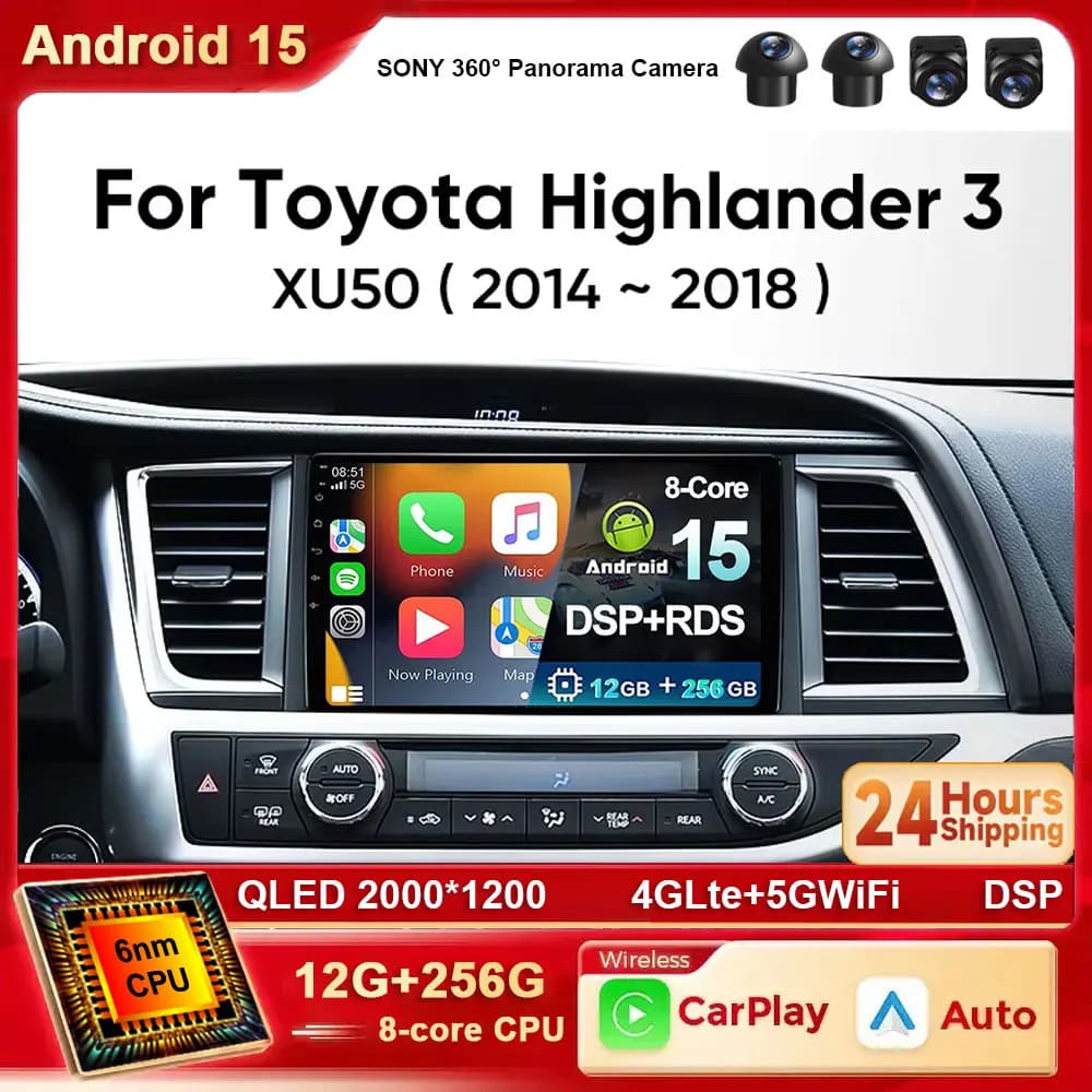 Android 15 Autoradio Per Toyota Highlander 2014 2015 2016 2017 2018 2019 Wireless Carplay Multimedia Android Auto 4G WIFI QLED