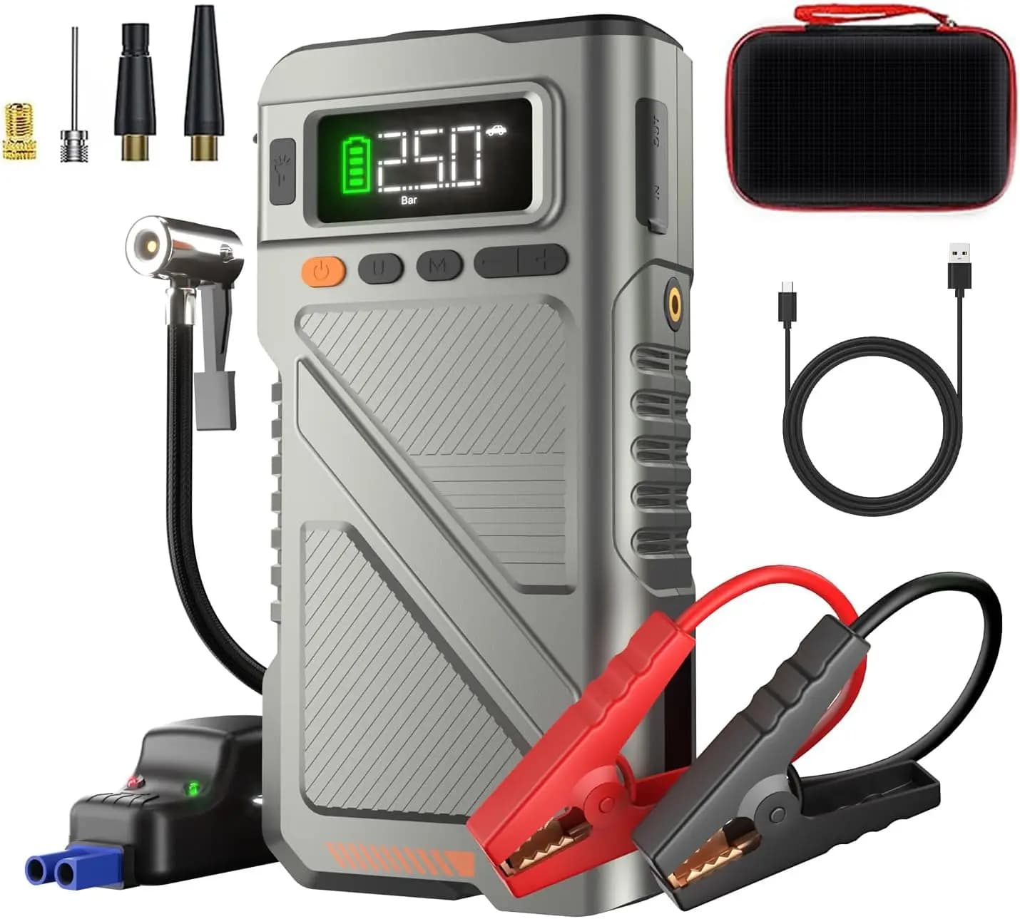 Avviatore d'Emergenza Portatile per Auto con Compressore d'Aria, Potenza 9000A per Veicoli 12V, Include Gonfiatore Pneumatici e Ricarica Rapida