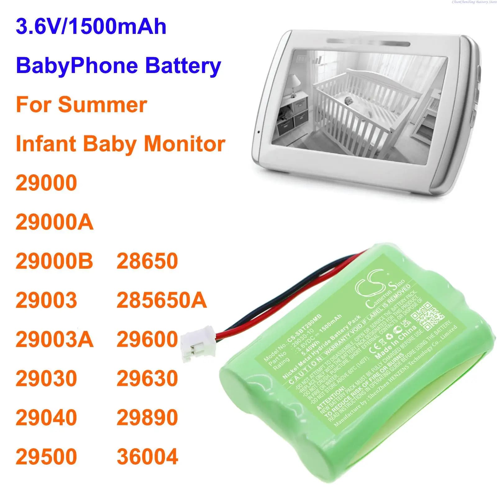 Batteria per babyphone da 1500 mAh per baby monitor estivo, 29000,29000A,29000B,29003,29003A,29030,29040,29500,28650