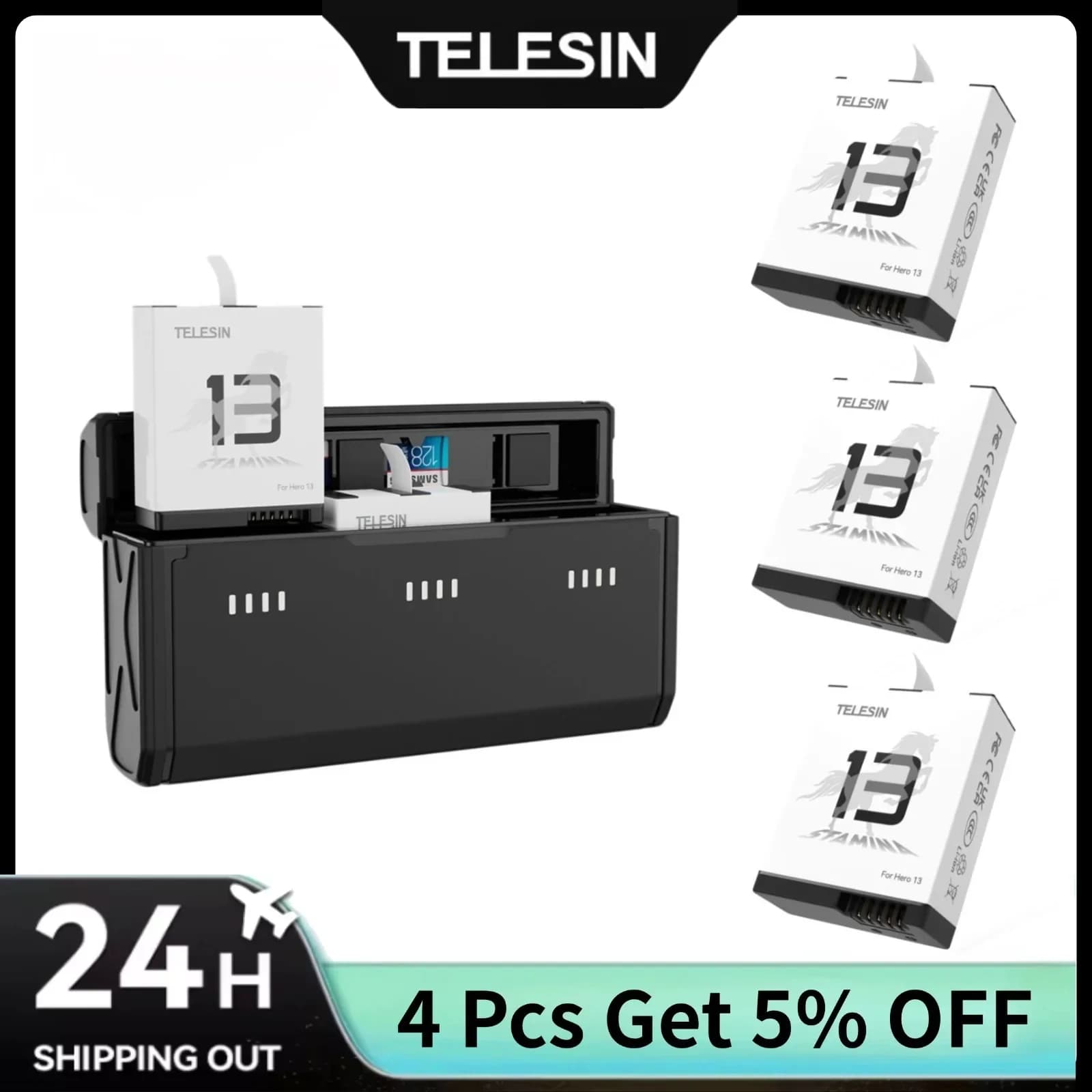 TELESIN Scatola di ricarica rapida portatile e set di batterie di resistenza per Gopro Hero 13 Custodia di ricarica rapida nera a 3 slot Accessorio Gopro