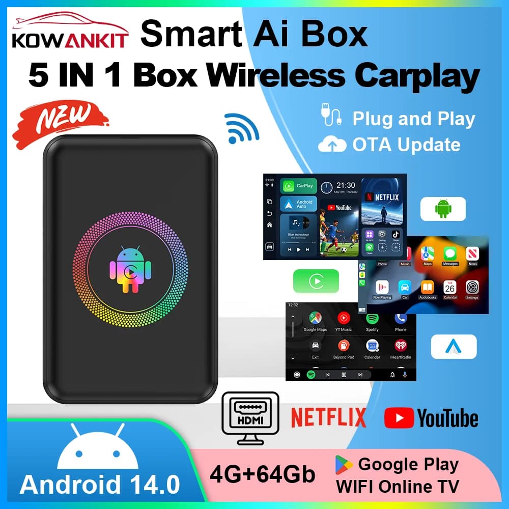 Kowankit 5 in 1 Android 14 Wireless CarPlay HDMI Ai Box Smart 4+64G Plug & Play Android Auto Car TV Box per Netflix YouTube 2026