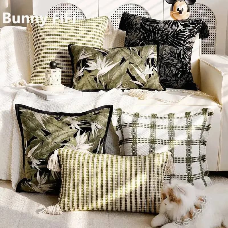 Fodere per cuscini in ciniglia ricamate in stile nordico boho, con motivi floreali primaverili e foglie, decorative per divano, letto e arredamento per la casa