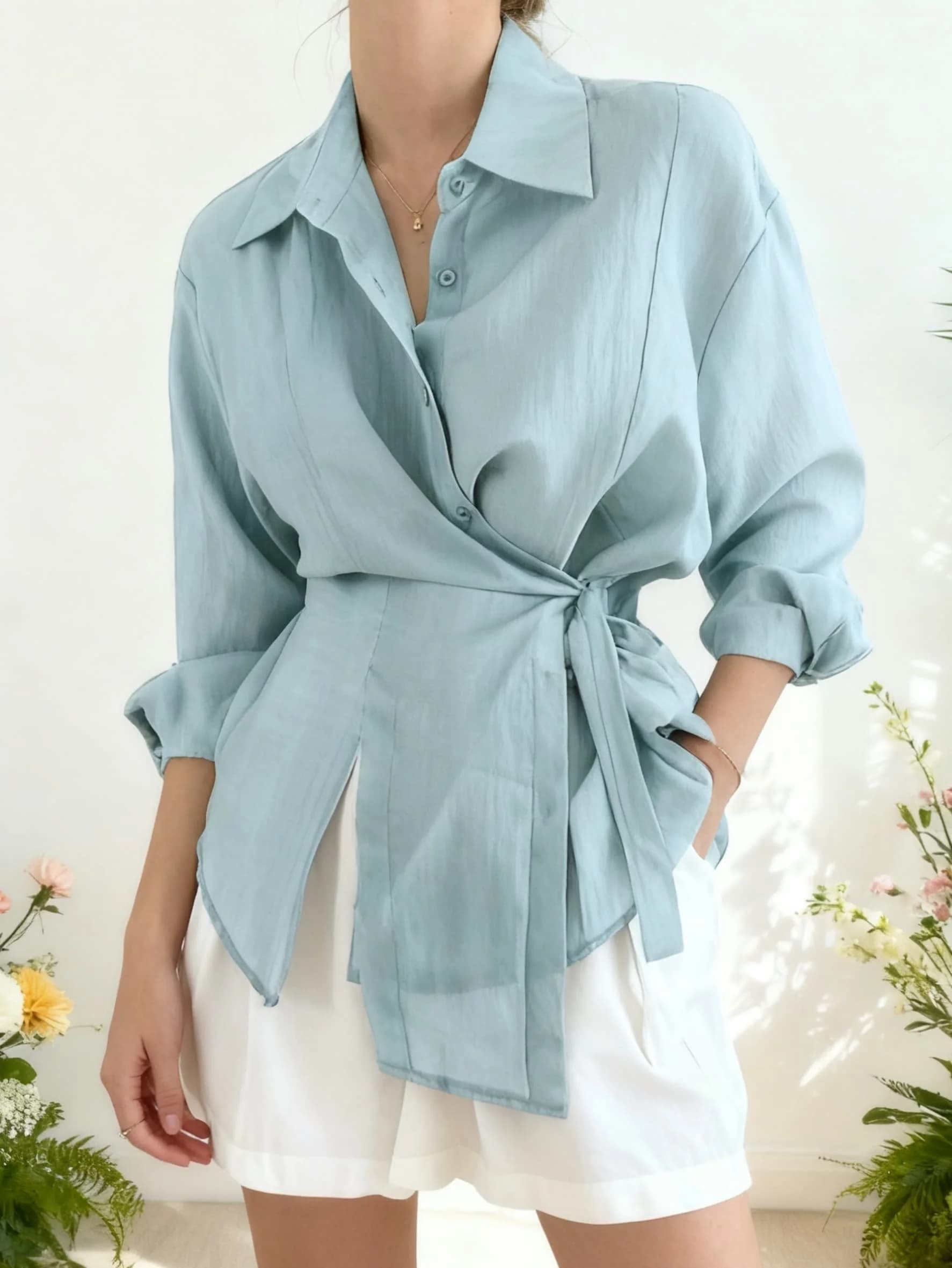 New Women's Shirt 2026 Chic with Strap, Vintage Casual Style Long Sleeves, Irregular Blusa with Solar Protection