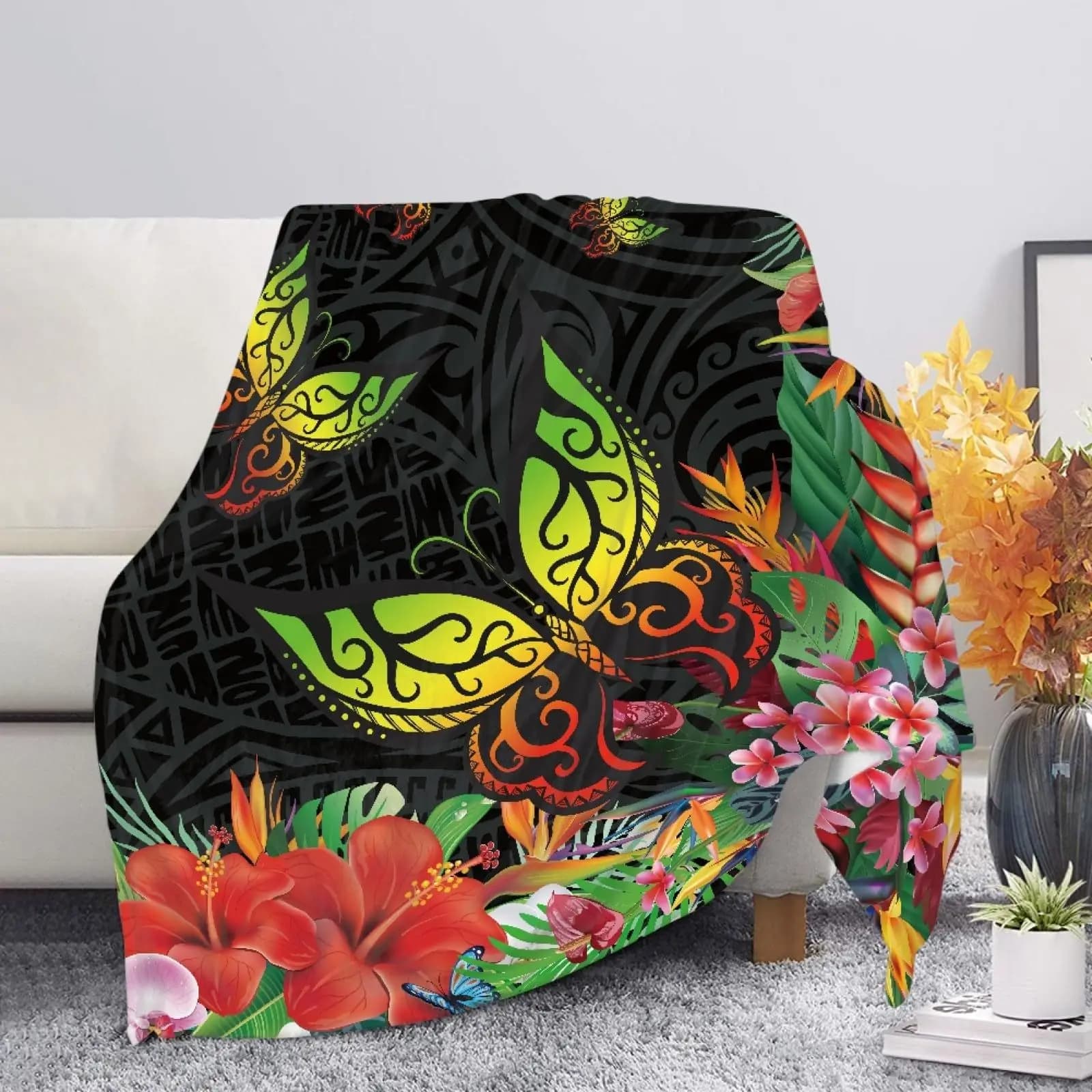 Motivi di farfalle e fiori dipinti Coperta di copertura in flanella di velluto di poliestere con stampa digitale Coperte morbide in pile per letti