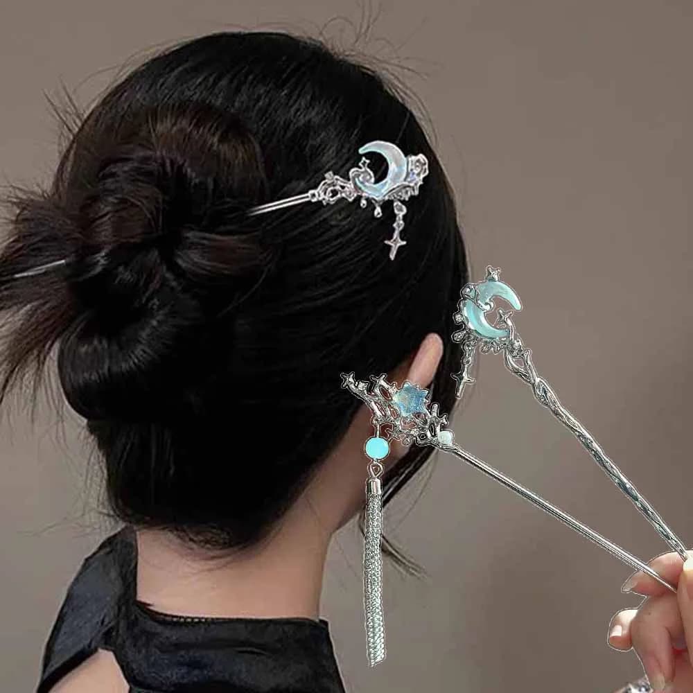Pietra di luna Stella Luna Bastone per capelli Ramo di metallo Forcine Forcella per capelli Panino Accessori per capelli in stile cinese Copricapo per gioielli per capelli per ragazze