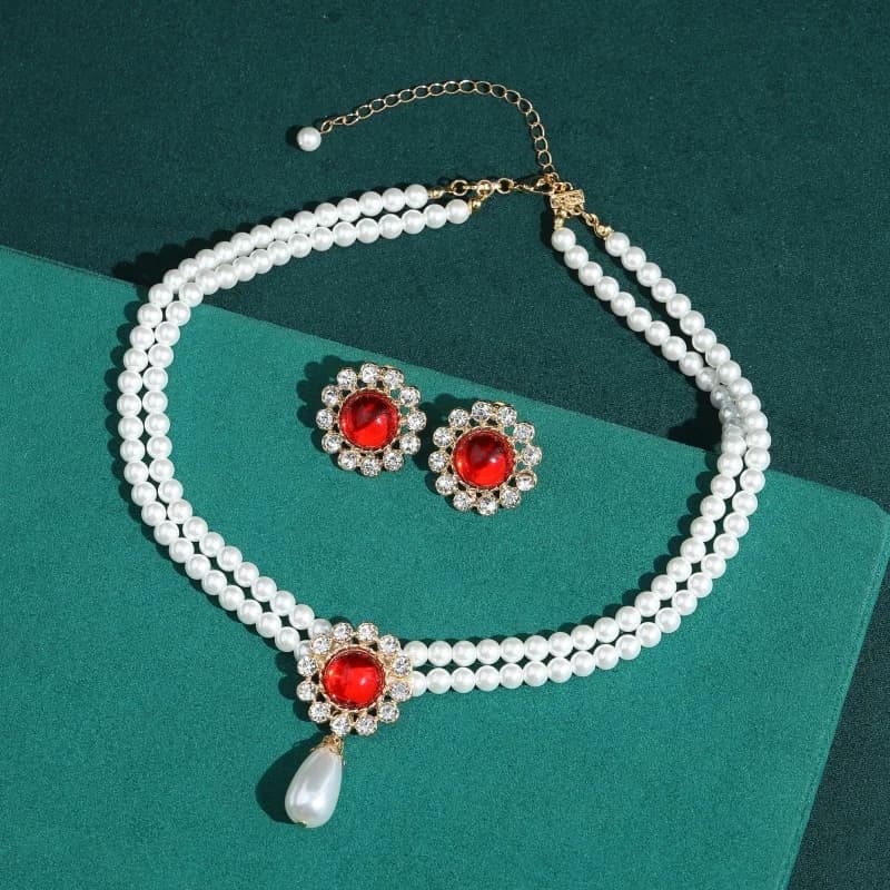 Vintage Red Green Crystal Sunflower Double Layered Pearl 18k Jewelry Sets Necklace Earrings Classic Trendy Daily Gifts For Women