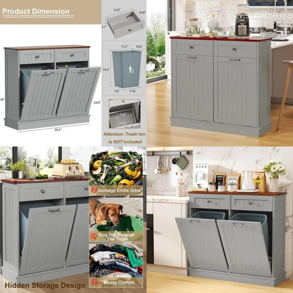 Mobiletto da cucina a doppio cestino per rifiuti e riciclo, in legno, grigio