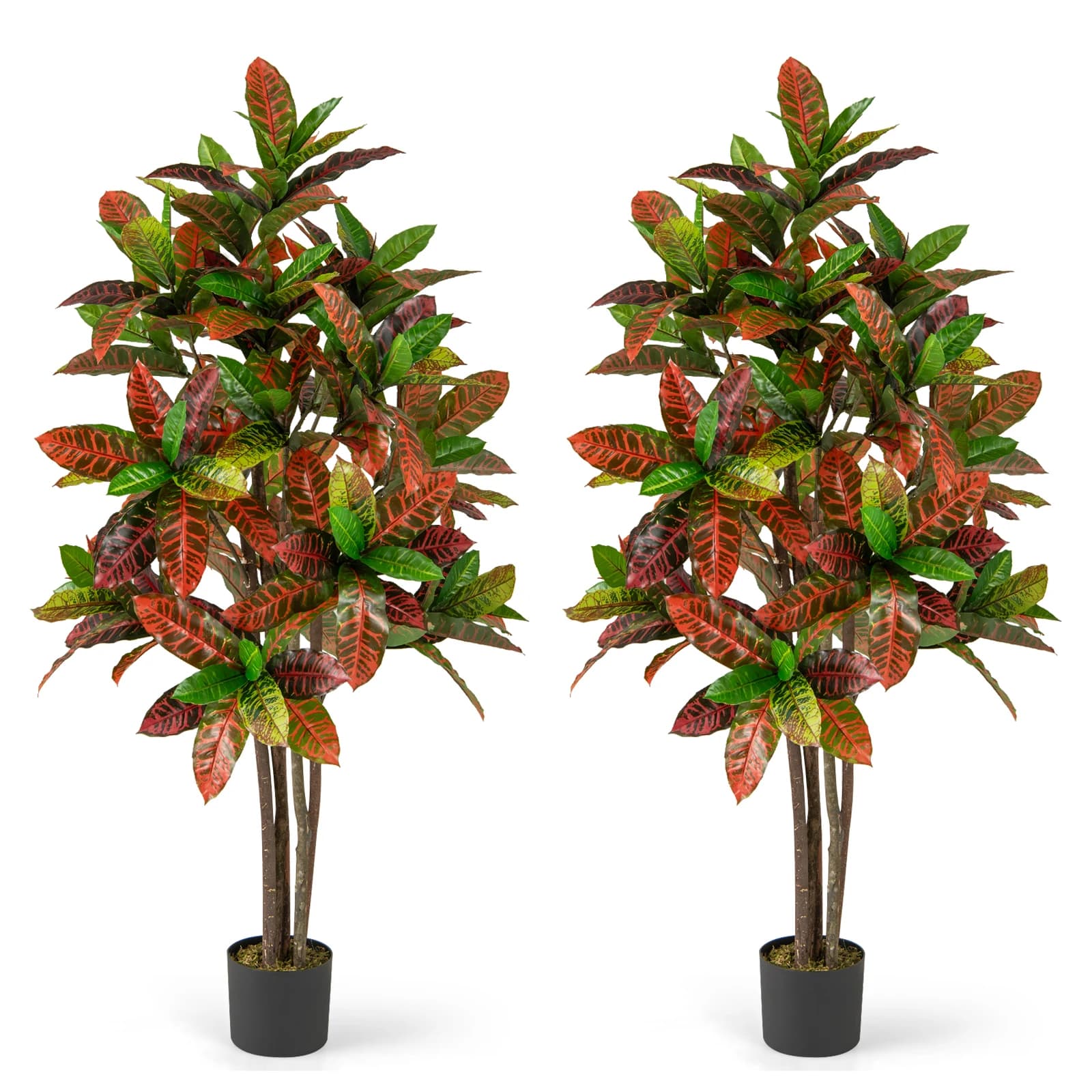 2 pezzi di piante di croton artificiali da 1,5 m con foglie multicolorate in PEVA e tronco in legno massello