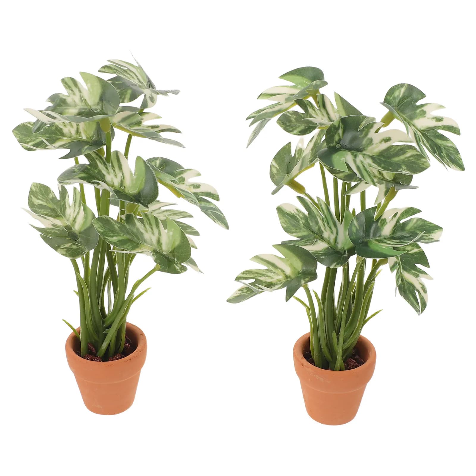 2Pcs Mini Simulation Potted Plants Artificial Monstera Leaves Small Faux Greenery for Fish Tank Indoor Decor Realistic