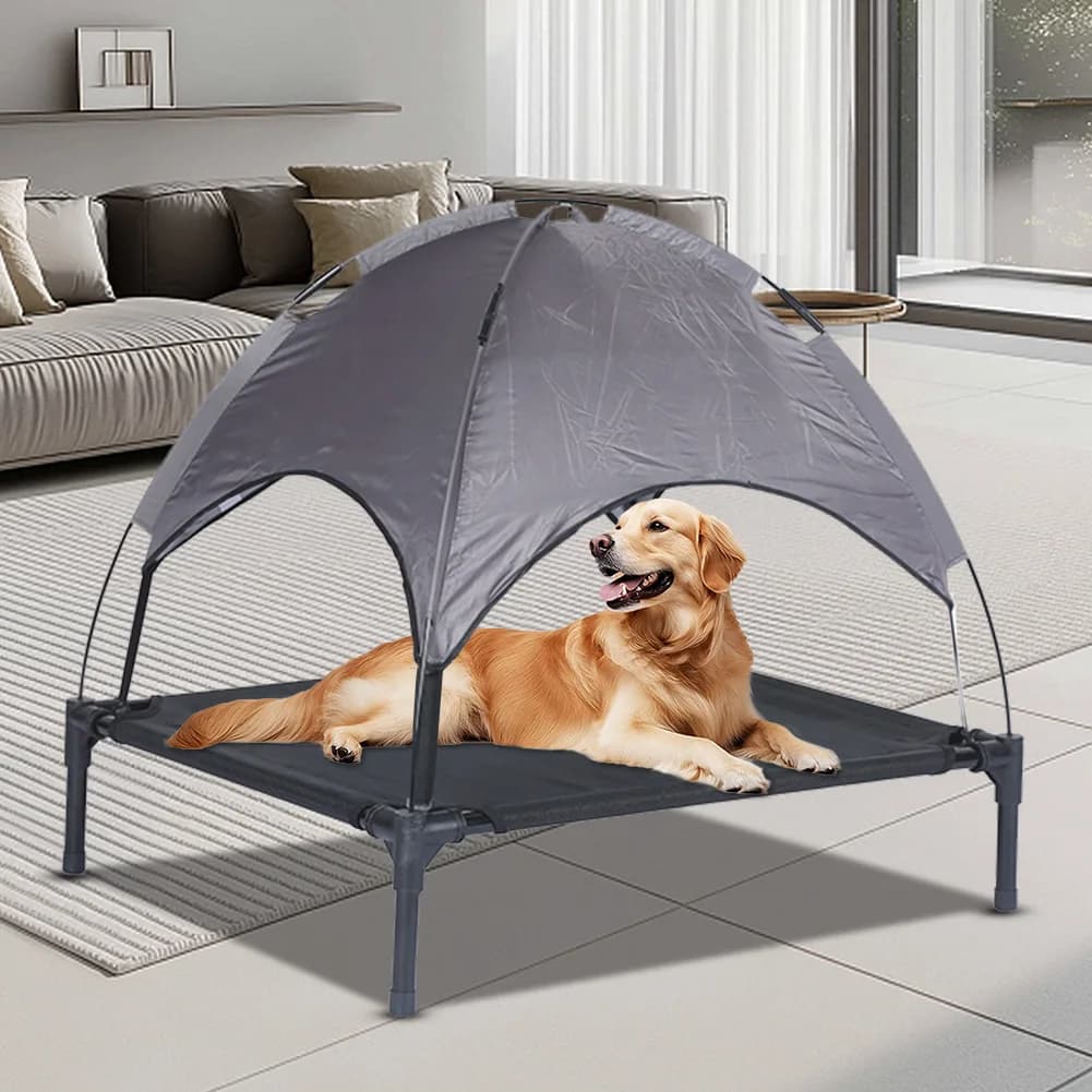 Cuccia rialzata per cani con tettoia, lettino portatile da esterno per cani con ombra, amaca impermeabile e traspirante per cani e gatti