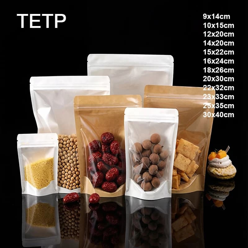 TETP White/Kraft Food Storage Bags With Clear Window Home For Snack Dried Fruit Tea Packaging Sealed Moisture-proof Reusable
