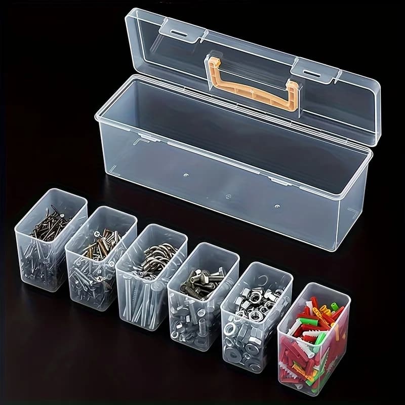 Storage box for 7 tools, multi-part transparent organizer for home use, portable container for screws and keys