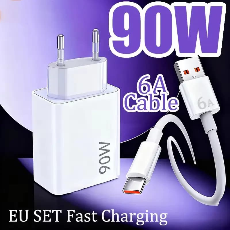 90W Charger Fast Charge Quick USB 3.0 Type- C Fast Charging Cable EU Charge Adapter For Xiaomi 15 14 Ultra Redmi VIVO Samsung