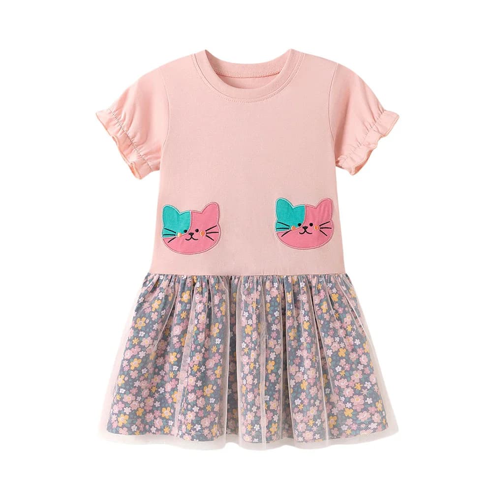 Nuovo Stile Abito Estivo con Ricamo di Gatti per Bambine 2-7 Anni, Moda per Feste di Compleanno, Vestiti per Bambine