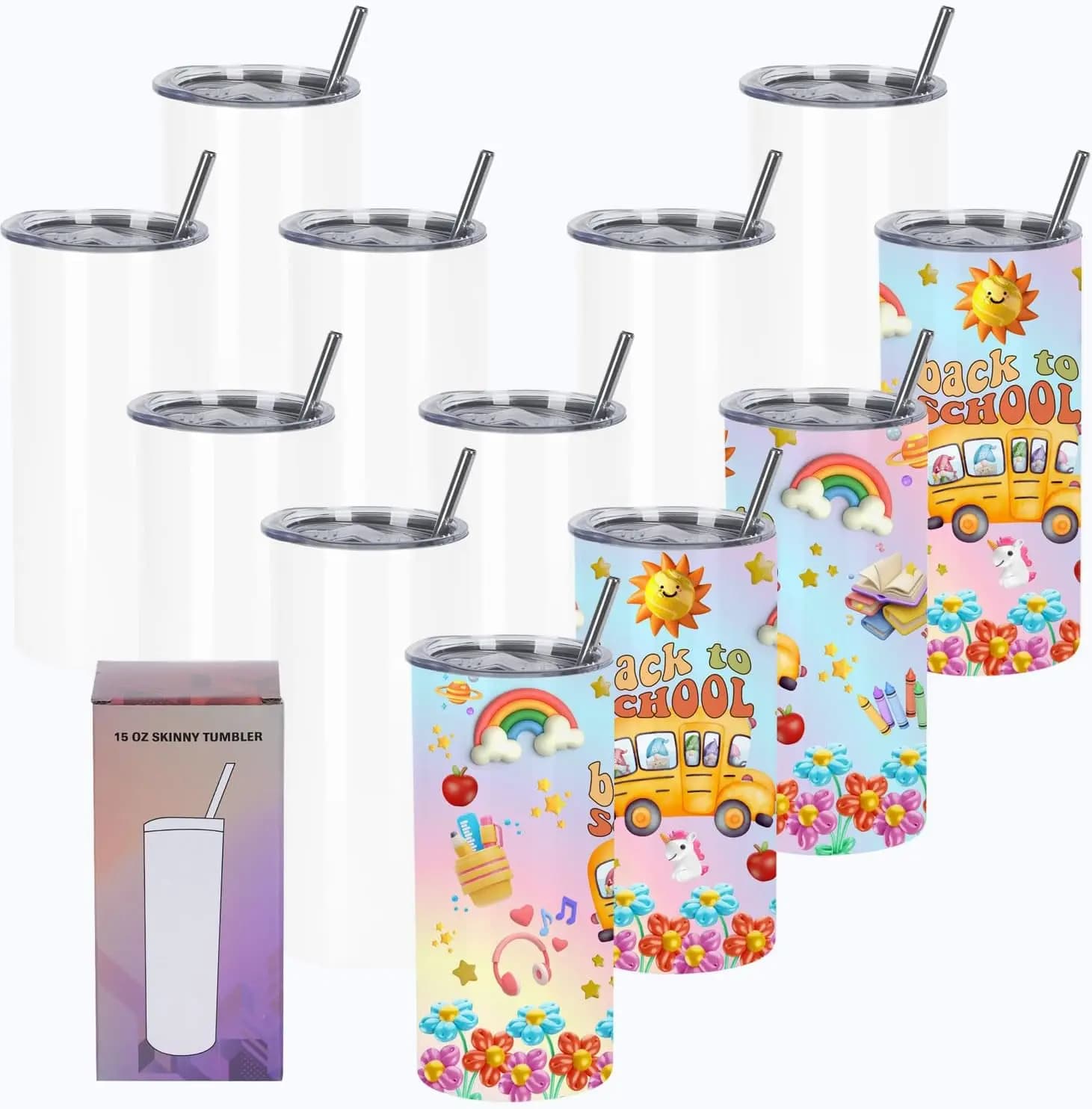 Bicchieri per Sublimazione da 15 Oz (Confezione da 12), Design Sottile per Bambini, Confezionati Singolarmente in Scatola Regalo