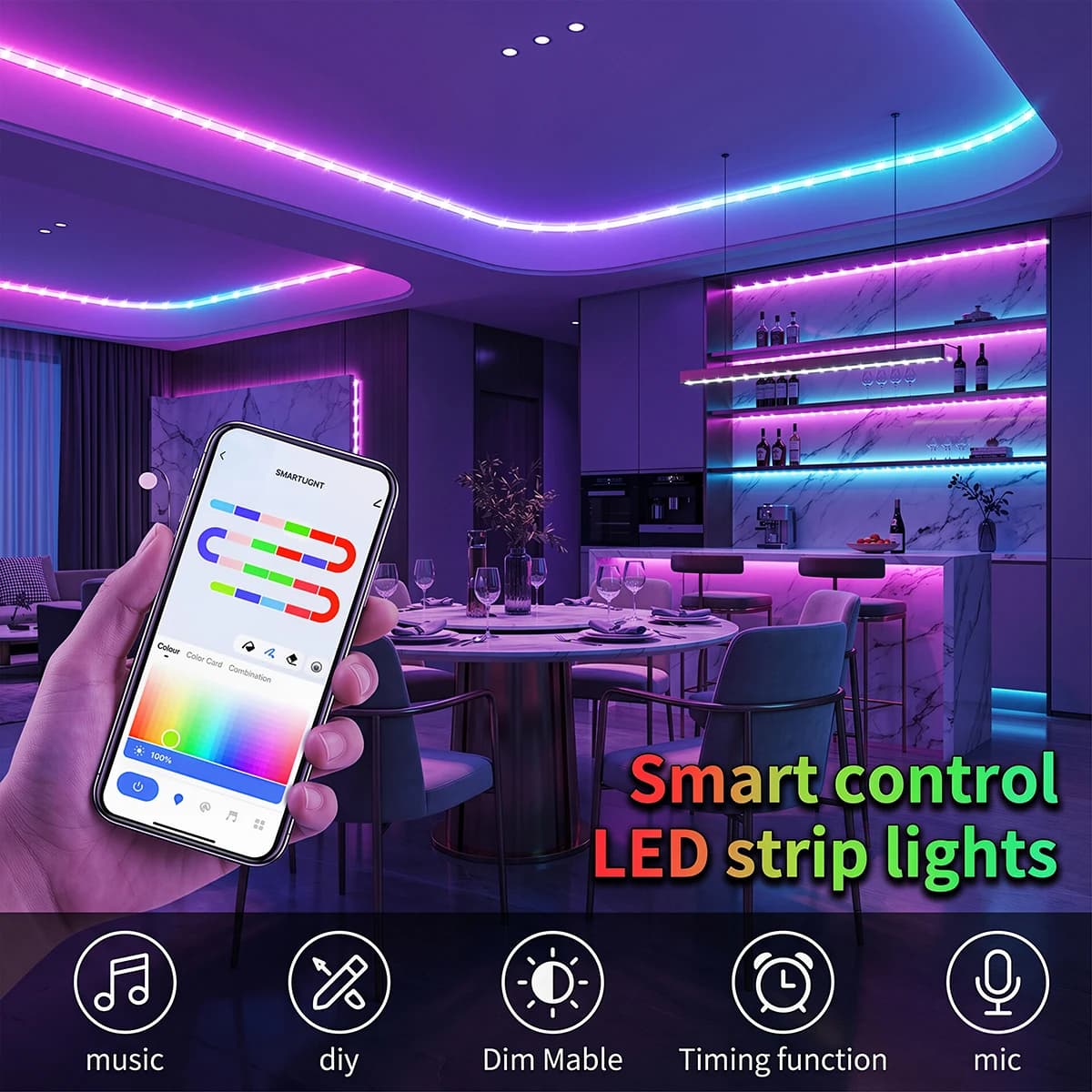Strisce LED Intelligenti con Controllo APP Bluetooth, USB 5V RGBIC, Luminosità Regolabile per Decorazione Camera da Letto, Lampada d'Atmosfera