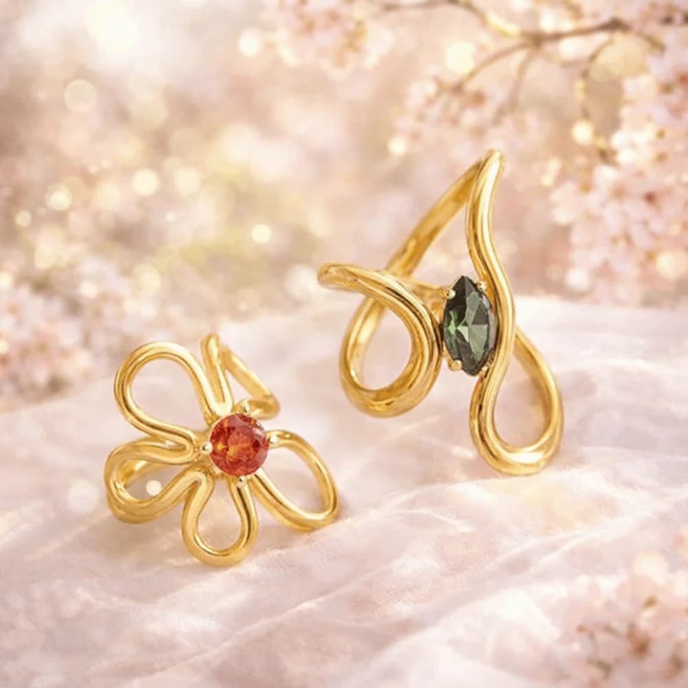Anelli in Acciaio Inossidabile con Design a Onde Irregolari, Zirconi Rossi e Gemme Colorate, Motivo Floreale, Placcati in Oro 18K, Anello Aperto