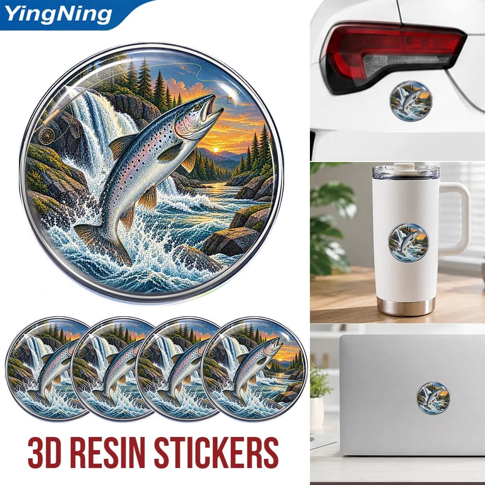 Atlantic Salmon Fishing 3D Resin Domed Sticker Waterproof Self Adhesive Fish Decal for Car Truck Tackle Box Cooler Angler Gift