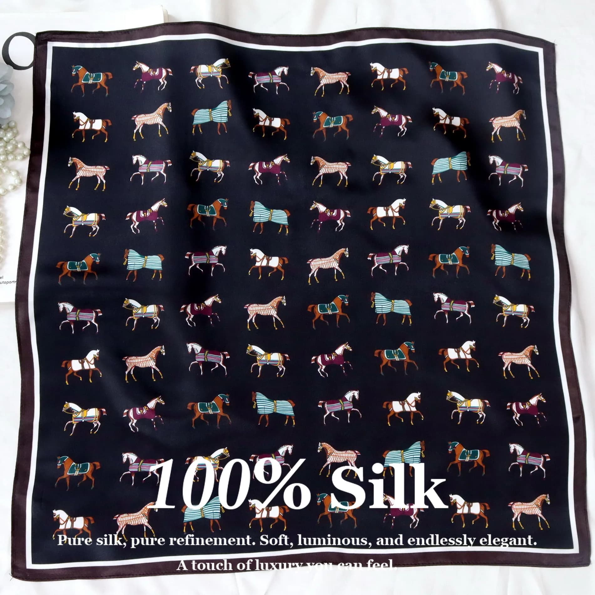 Women's Square Scarf with Horse Print, 100% Silk Scarf for Summer Solar Protection, Beach Scarf, Bandana, Hijab, Foulard, Stola