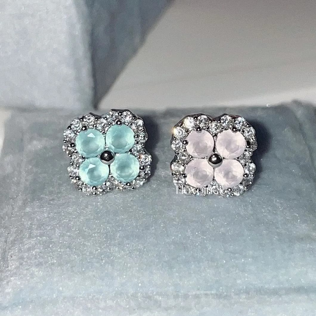 1 Piece New Fashion 316L Stainless Steel Earrings with Pink Green Zirconia Quadrifoglio Shape for Women's Jewelry