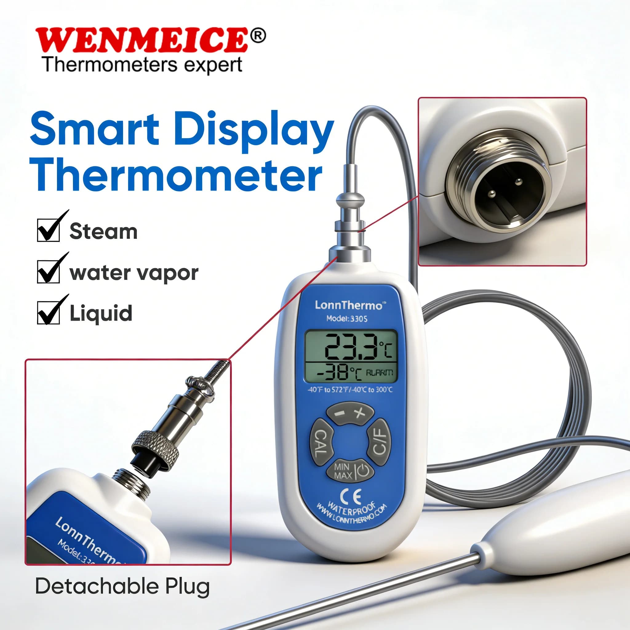 WENMElCE PT100 waterproof digital thermometer, temperature sensor, laboratory thermometer, suitable for testing
