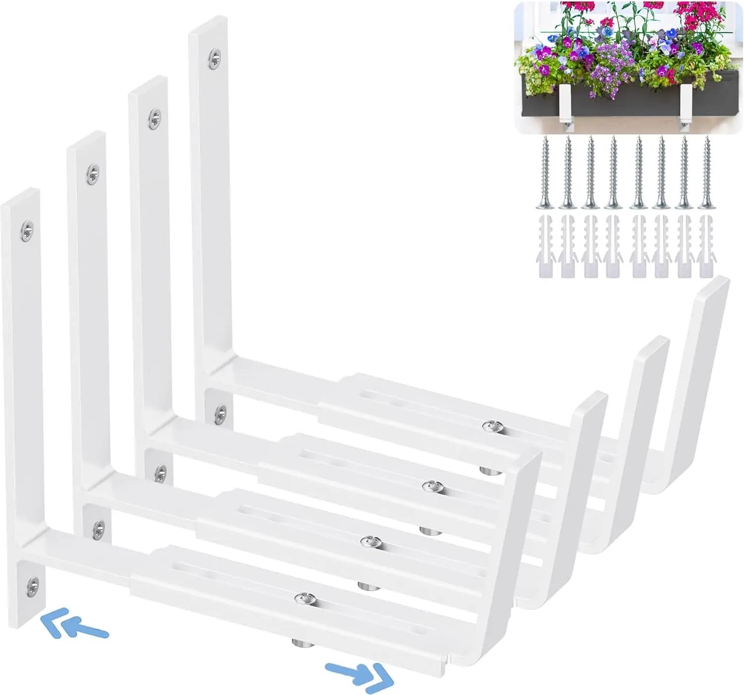 4 staffe regolabili per fioriere (6-12,5 pollici), ganci da parete in metallo resistente per balconi, recinzioni, patio, giardino - Bianco