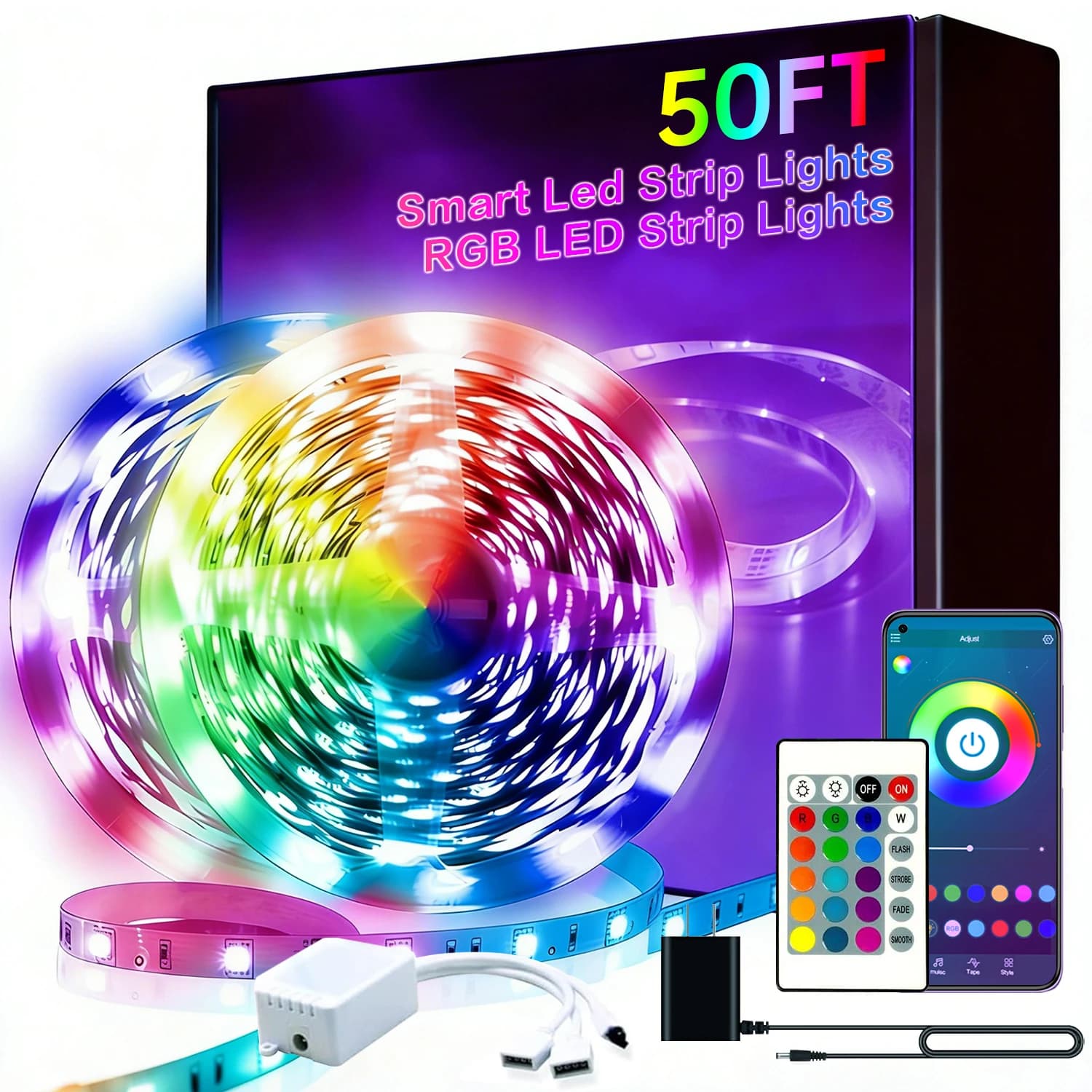 Strisce LED da 50FT per camera da letto, set di strisce LED colorate, con telecomando a 24 tasti e controllo intelligente tramite app, illuminazione RGB sincronizzata con la musica, adatte per stanze, decorazioni per la casa